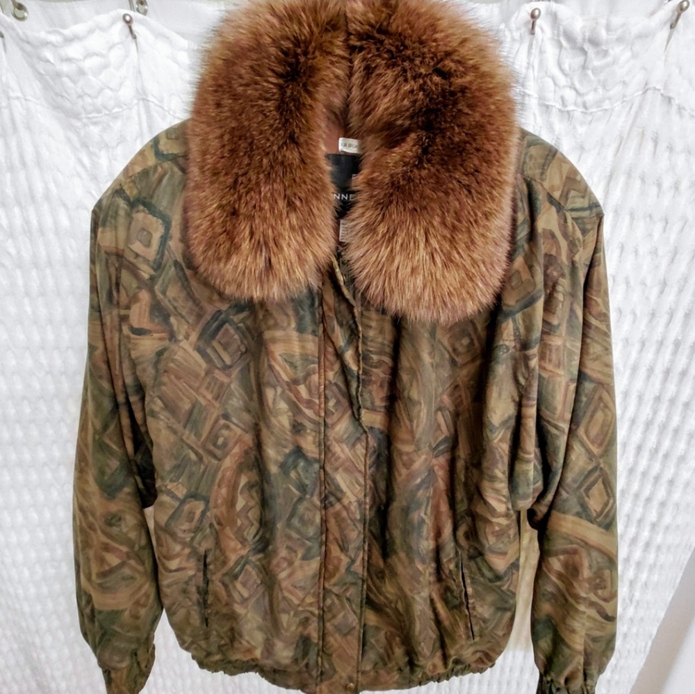 Anne Klein Rare Fur Collar Camo Women's Bomber Jacket Coat Vintage Size Large L